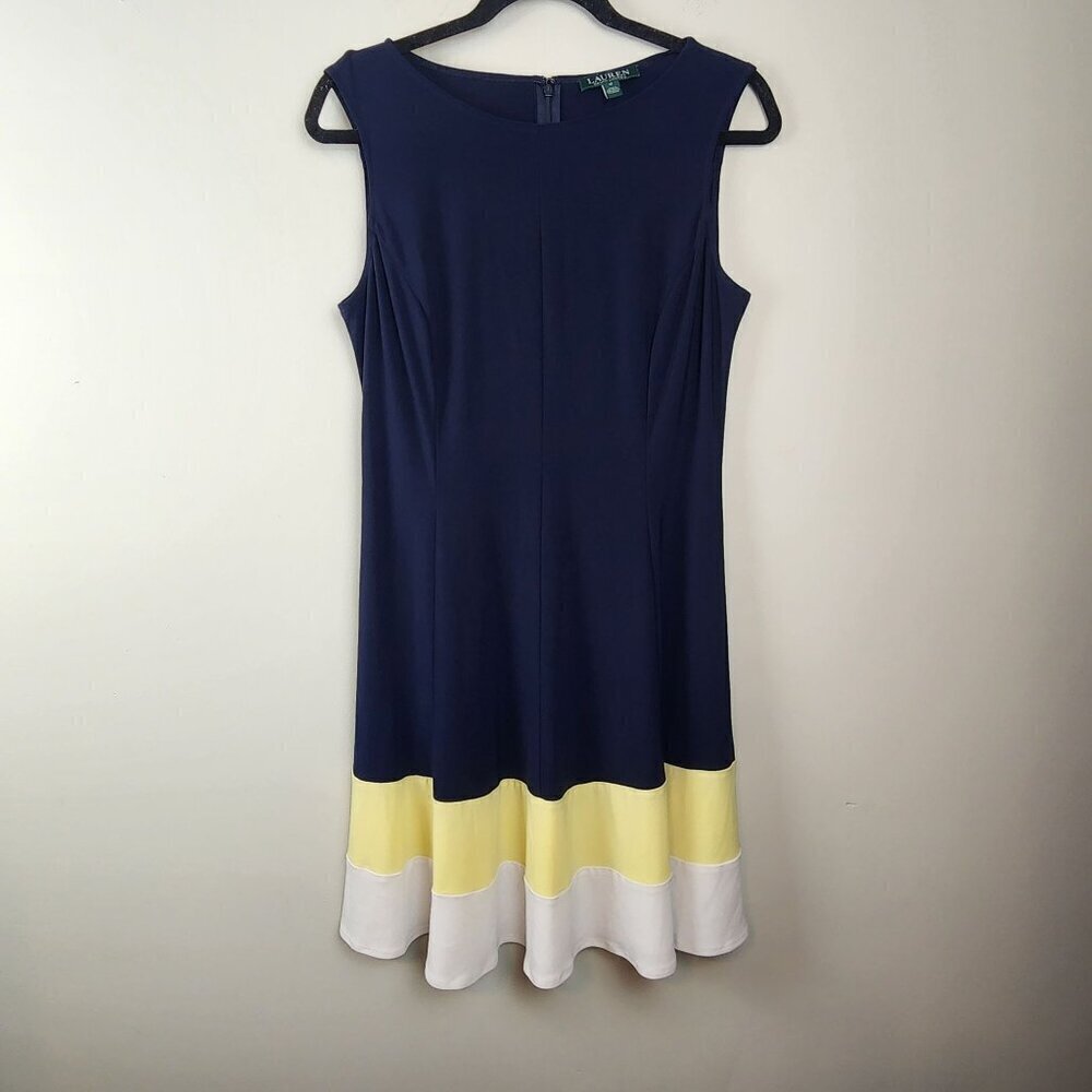 Lauren by Ralph Lauren navy dress sz 12 Yellow and white colorblock sleeveless